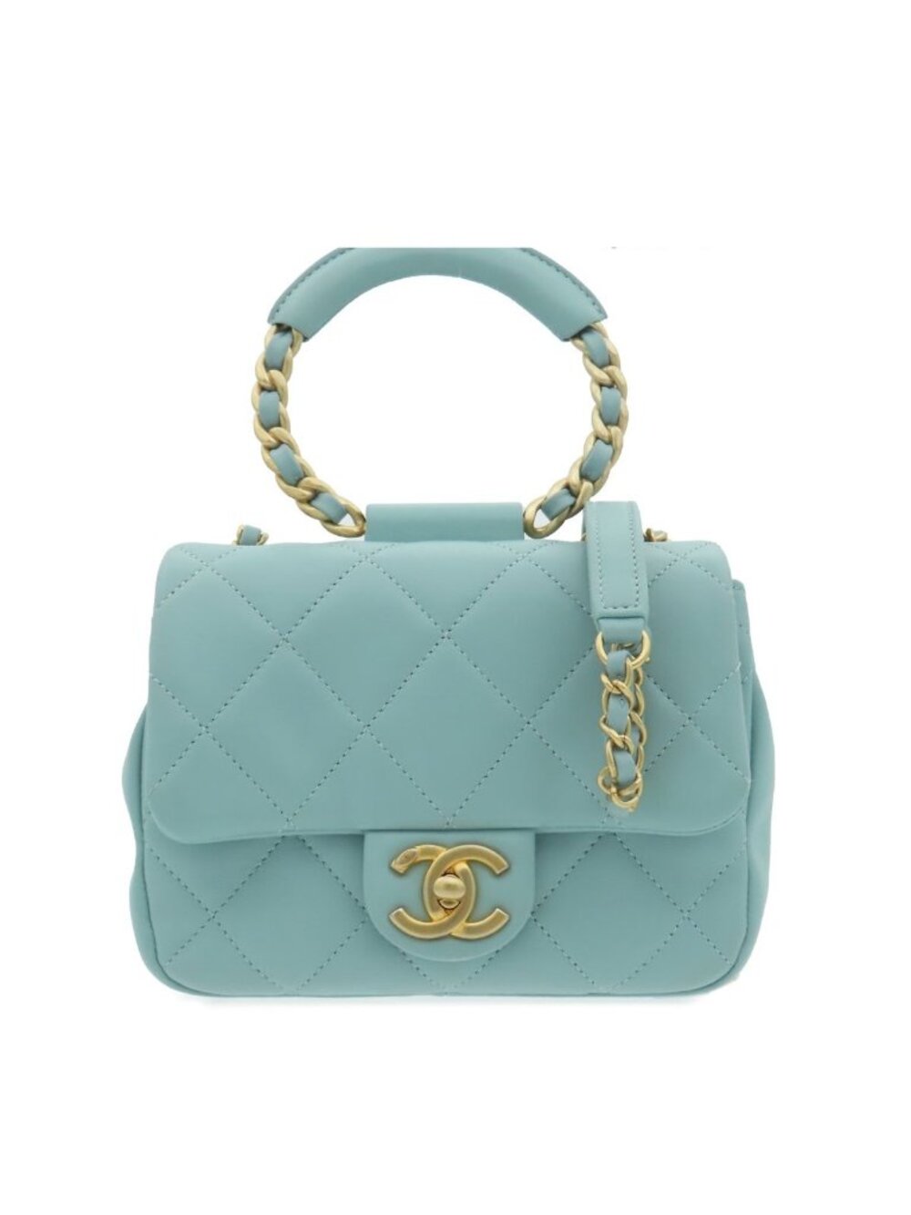 Chanel Shoulder Bag Pastel Blue Gold Lambskin Quilted 2-Way Top Handle Small